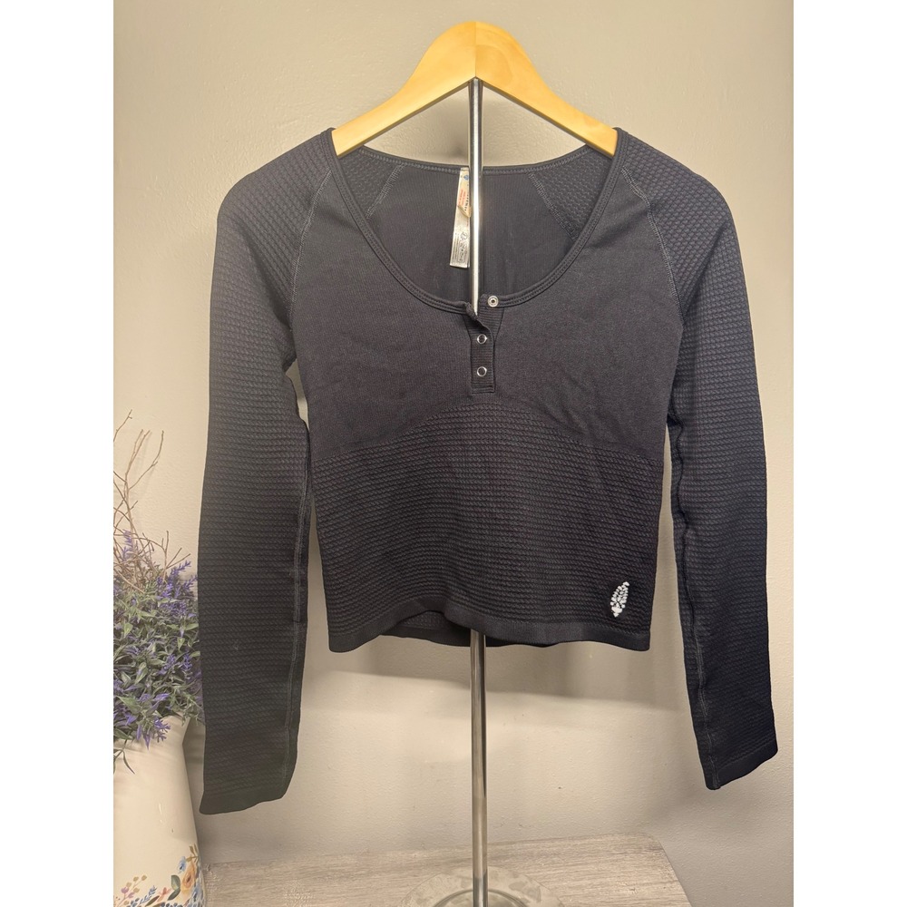 Free People Movement Black Seamless Henley Long Sleeve Cutout Back Top M/L